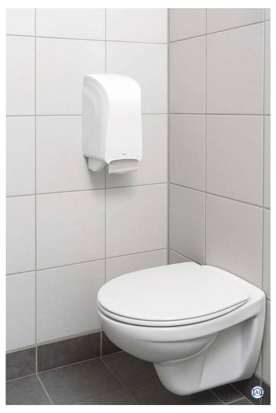 Hoek van een openbaar toilet met een aan de muur gemonteerde toiletpapierdispenser boven een toilet.