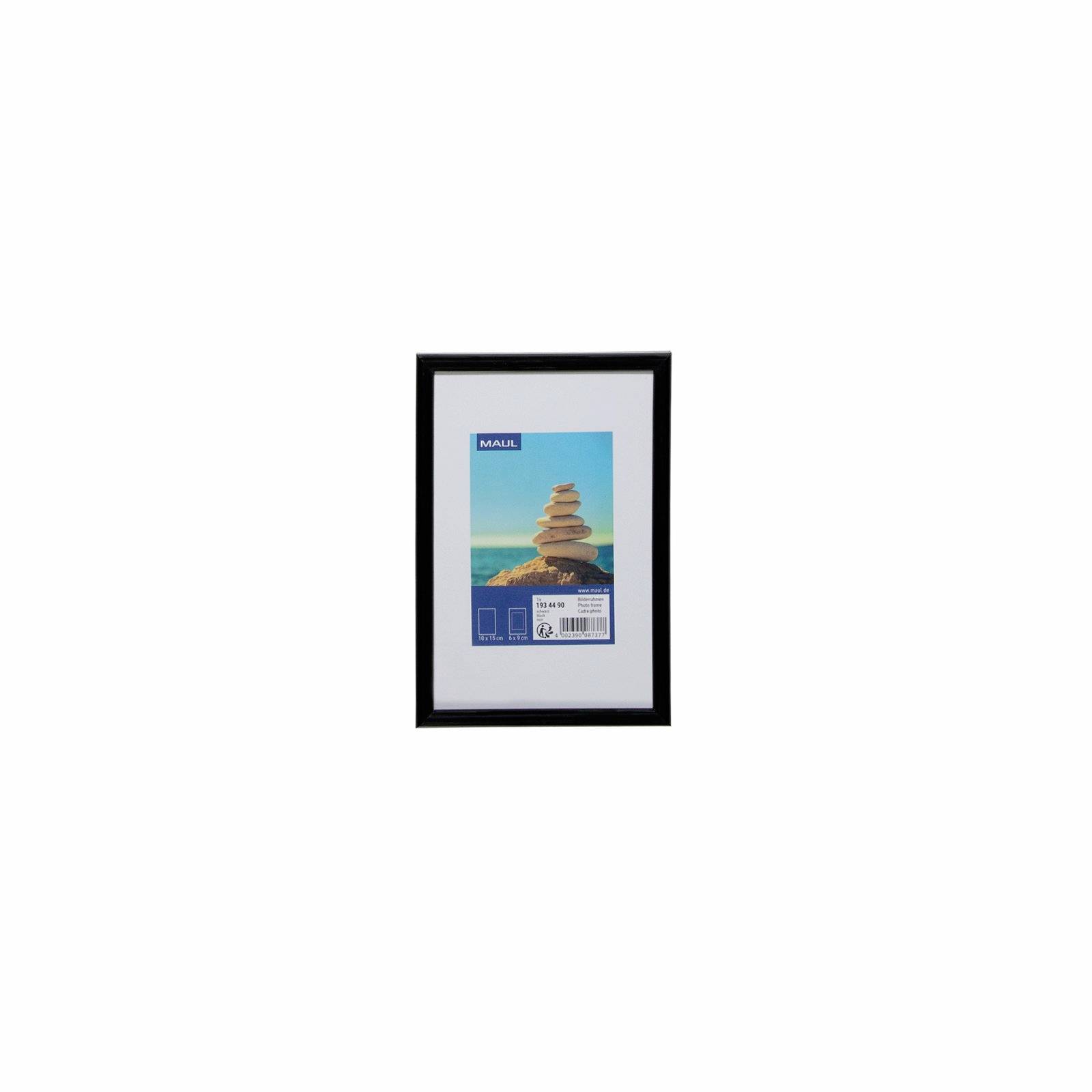 Zwart ingelijste wandafbeelding met een blauwe 'MAUI' poster met gestapelde stenen en een barcode onderaan.