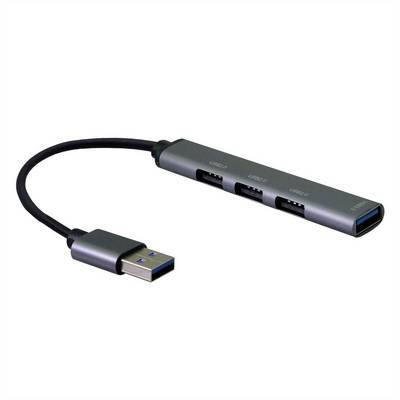 USB-hub met een korte kabel en vier USB-A-poorten aangesloten op een USB-A-stekker