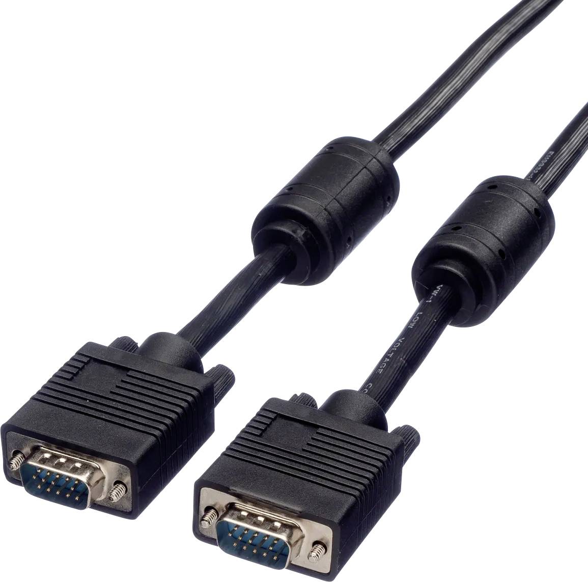 Twee zwarte VGA-monitorkabels met mannelijke 15-pins connectoren, weergegeven op een witte achtergrond.
