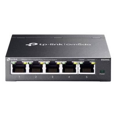 Vooraanzicht van een TP-Link Omada 5-poorts gigabit eenvoudig beheerde netwerkswitch met vijf ethernetpoorten en een stroomindicatorlampje.