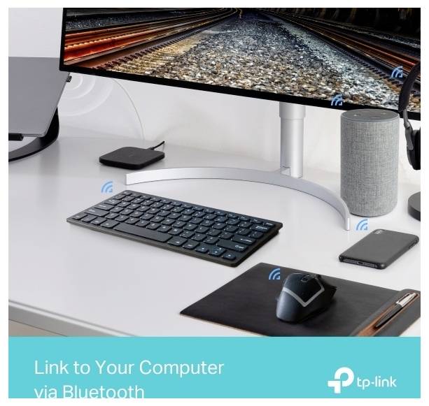 TP-Link advertentie met een bureauopstelling met toetsenbord, muis, telefoon, luidspreker en monitor, met promotie van 'Verbind met uw computer via Bluetooth'.