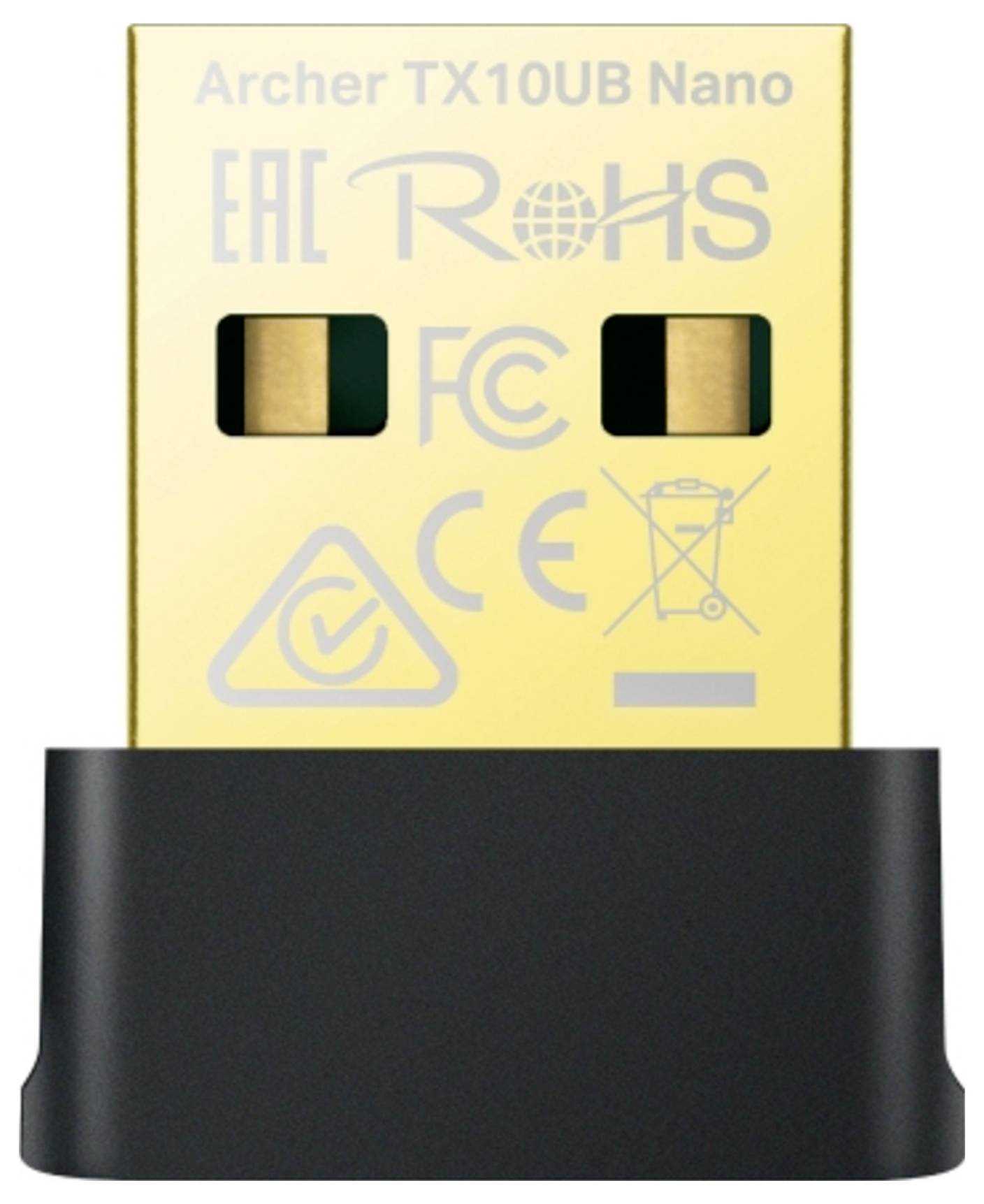 Goudkleurige Archer TX10UB Nano USB draadloze adapter met zwarte dop, met zichtbare certificeringslogo's en twee blootgestelde aansluitcontacten.