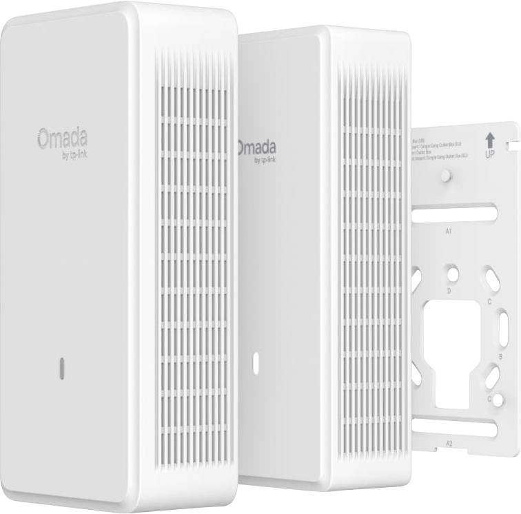 Witte Omada van TP-Link wandbevestigde Wi-Fi-toegangspunten weergegeven met een bevestigingsbeugel.