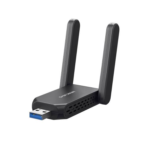 Zwarte USB Wi-Fi-adapter met twee rechtopstaande antennes en een blauwe USB 3.0-aansluiting.
