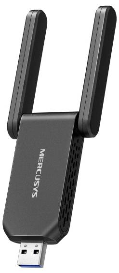 Zwarte MERCUSYS USB Wi-Fi-adapter met twee opvouwbare antennes, afgebeeld op een witte achtergrond.