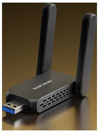 Zwarte MERCUSYS USB Wi-Fi adapter met twee externe antennes en een blauwe USB-stekker, getoond op een bruine achtergrond.
