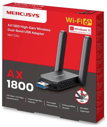 Mercusys AX1800 Wi-Fi 6 dual-band draadloze USB-adapter doos, met een high-gain antennae-ontwerp en Windows 11-compatibiliteit.