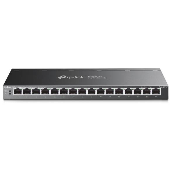 TP-Link 24-poorts Gigabit Ethernet-switch weergegeven in vooraanzicht met genummerde poorten en status-LED's op een witte achtergrond.