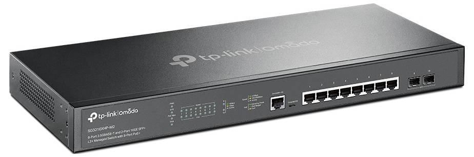 TP-Link Omada Ethernet-switch, weergegeven in een schuin vooraanzicht met meerdere netwerkpoorten en status-LED's op een grijs metalen chassis.