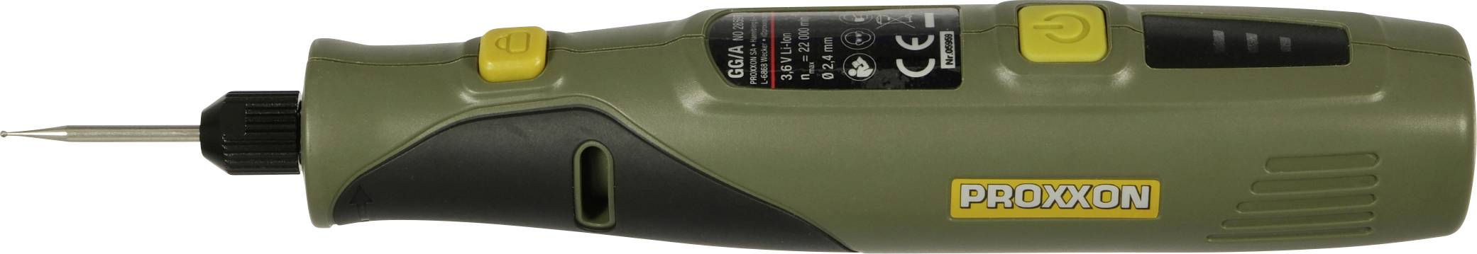 Groene draadloze Proxxon elektrische schroevendraaier met een dunne bit die uit de voorkant uitsteekt en een gele aan/uit-knop op het handvat.