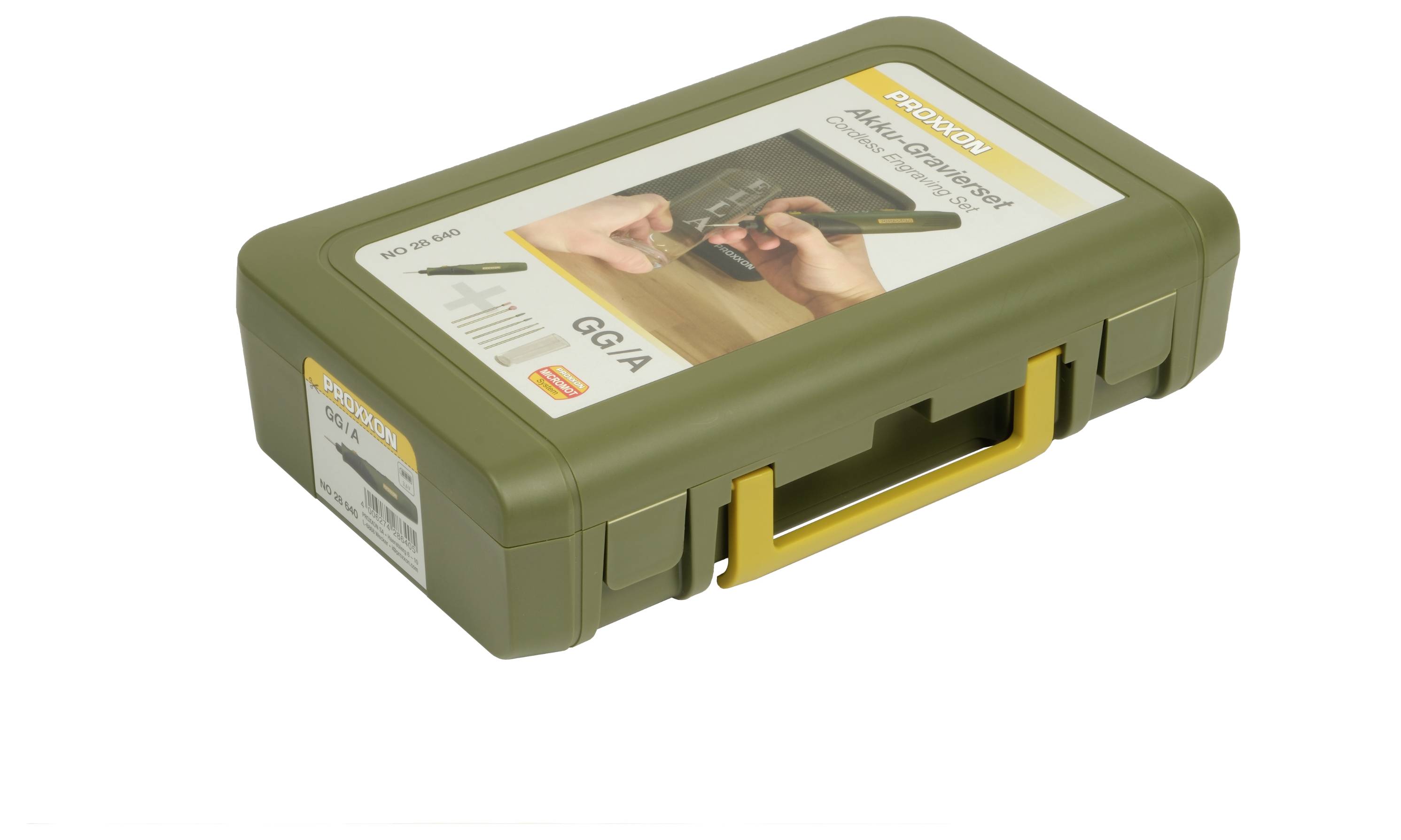 Olijfgroene kunststof opbergkoffer voor een Gordon-kruisboog, weergegeven gesloten met een handgreep en productlabel op bovenkant.