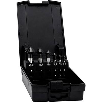 Zwarte kunststof koffer met zes verzinkboren met de aanduiding 20,5, 16,5, 12,4, 10,4, 8,3 en 6,3 mm.