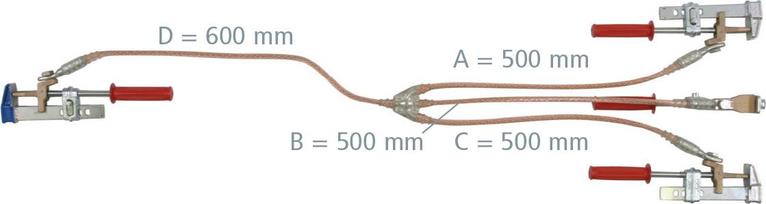 Diagram van een gasslangmontage met vier gemeten lengtes: D = 600 mm, A = 500 mm, B = 500 mm, en C = 500 mm.