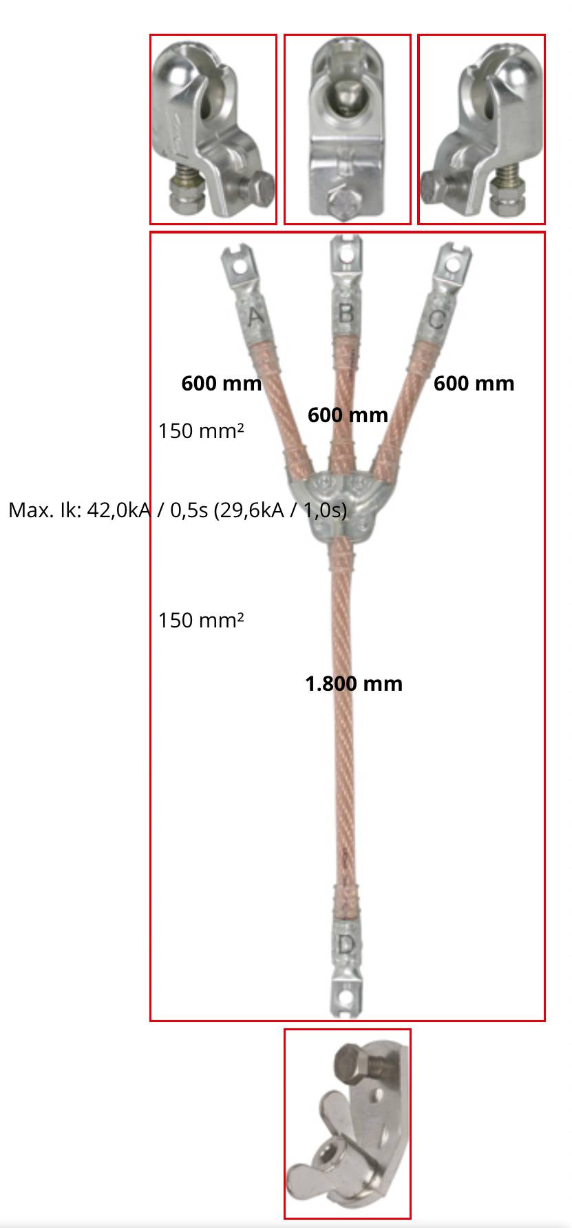 Driewegige draadklembehuizing met bovenstukwerk en onderstukwerk, met 600 mm poten, 150 mm² geleider, 1.800 mm daling, en opmerking over maximale stroom.