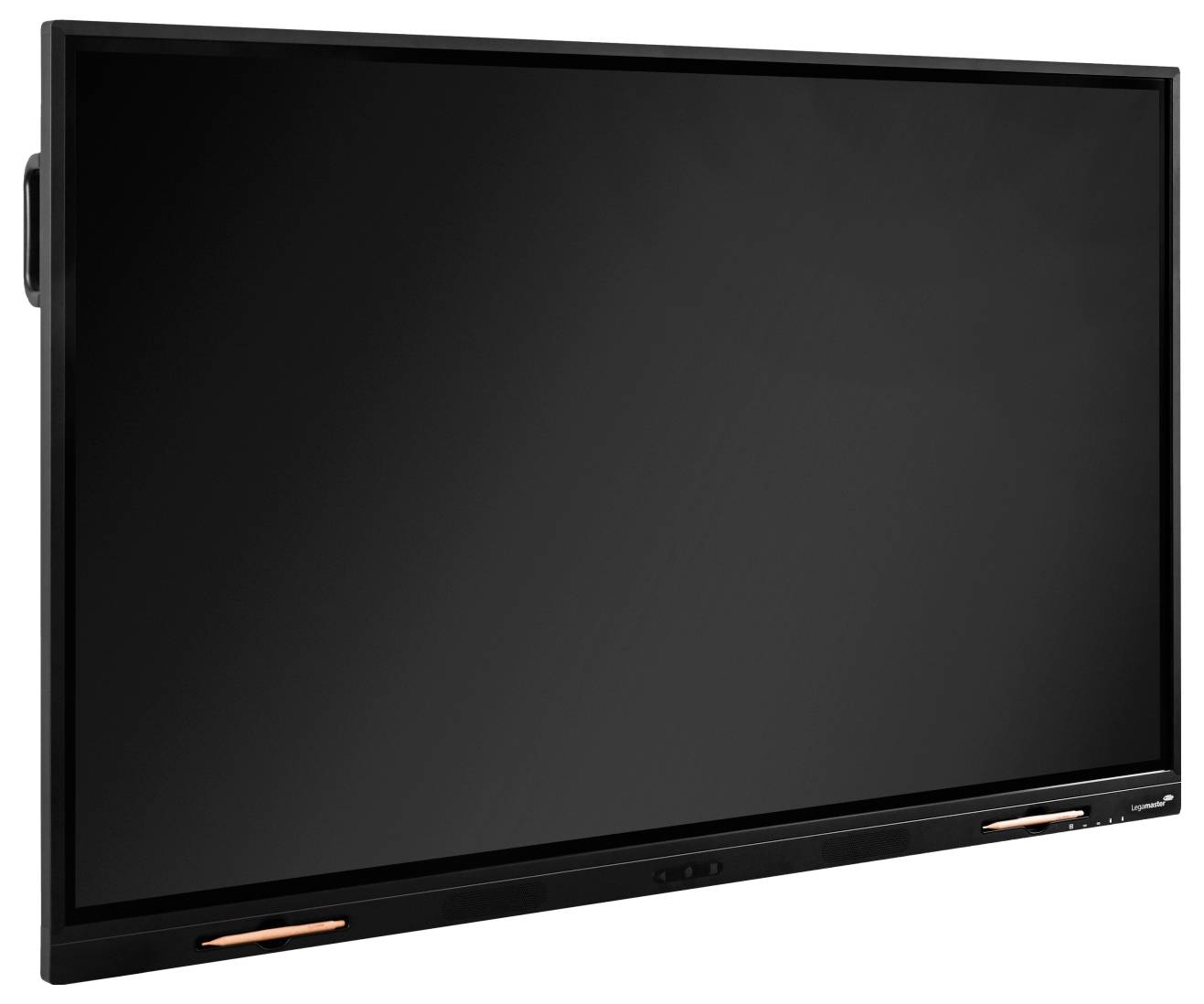 Groot zwart plat scherm of interactieve monitor, licht gekanteld, met een leeg scherm en smal raamwerk op een witte achtergrond.