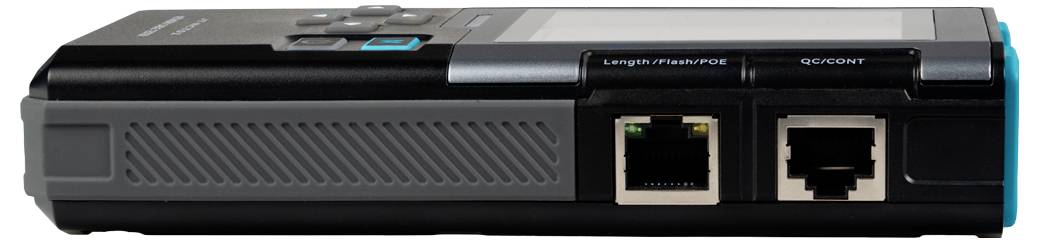 Zwarte Linksys/EasyLink router of modem met twee Ethernet-poorten aan de voorkant en een blauw verlichte knop aan de bovenkant.