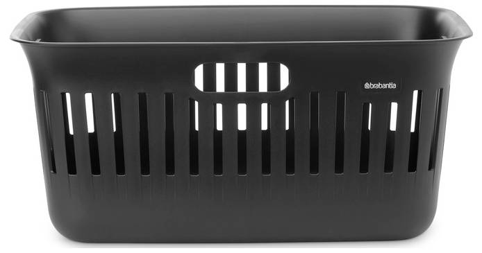 Zwart plastic wasmand met ventilatiesleuven en ovale zijgrepen, weergegeven op een witte achtergrond.