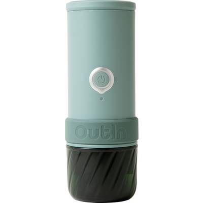 Draagbare teal Outin elektrische koffiezetapparaat met één aan/uit-knop en een zwart onderstuk.