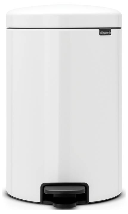 Witte cilindrische afvalbak met treden en een zwarte voetpedaal aan de voorkant.