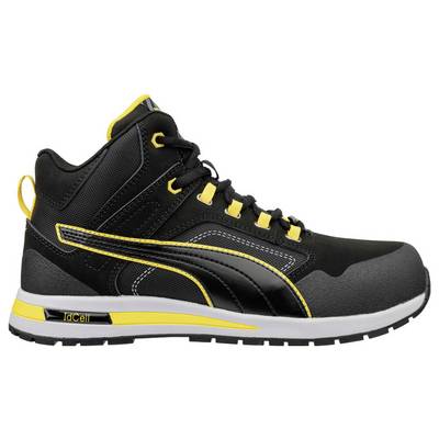 Zwart en geel Puma IdCell atletische schoen getoond in zijkant op een witte achtergrond.