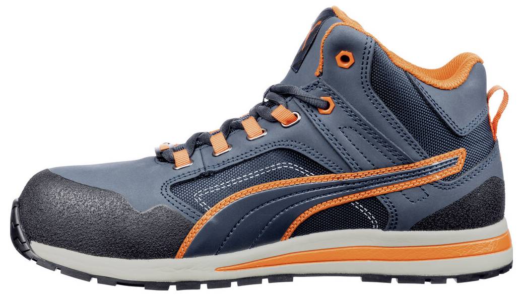 Blauwe en oranje hoge werklaars-sneaker weergegeven in zijaanzicht op een witte achtergrond.