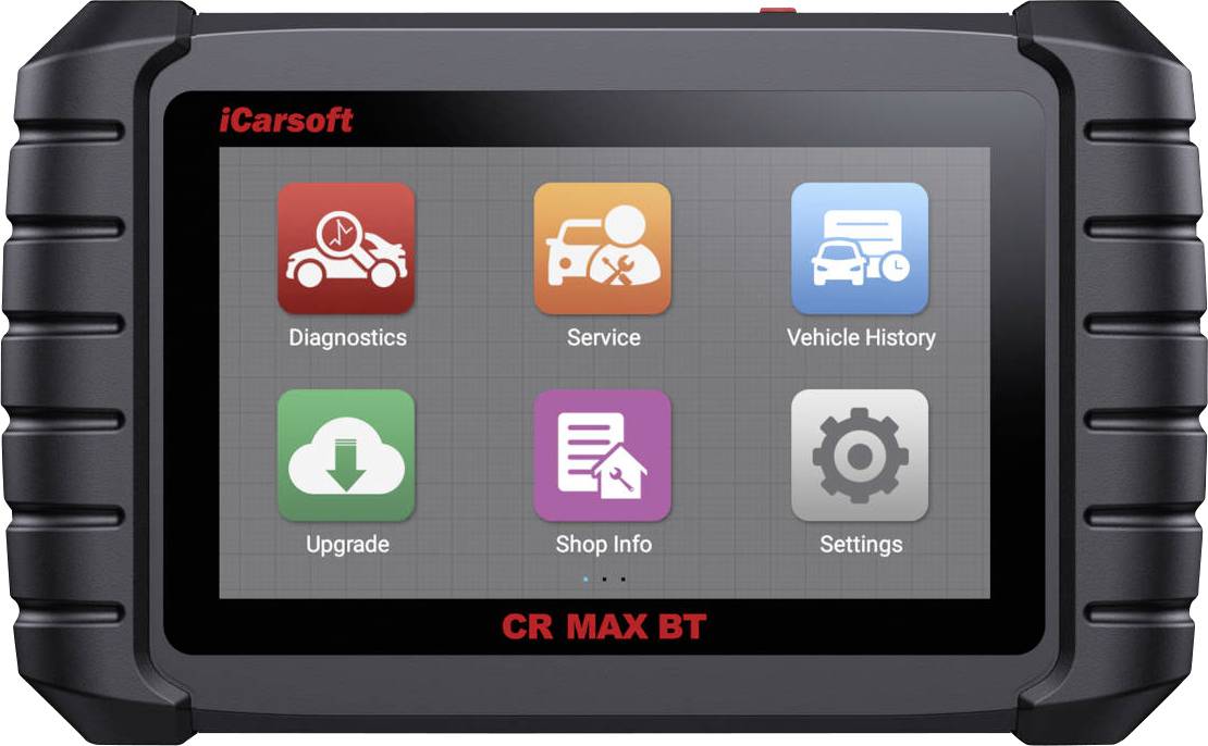 iCarsoft CR MAX BT automotive diagnostieker thuisscherm met zes app-pictogrammen: Diagnostische gegevens, Service, Voertuiggeschiedenis, Upgrade, Winkelgegevens en Instellingen.
