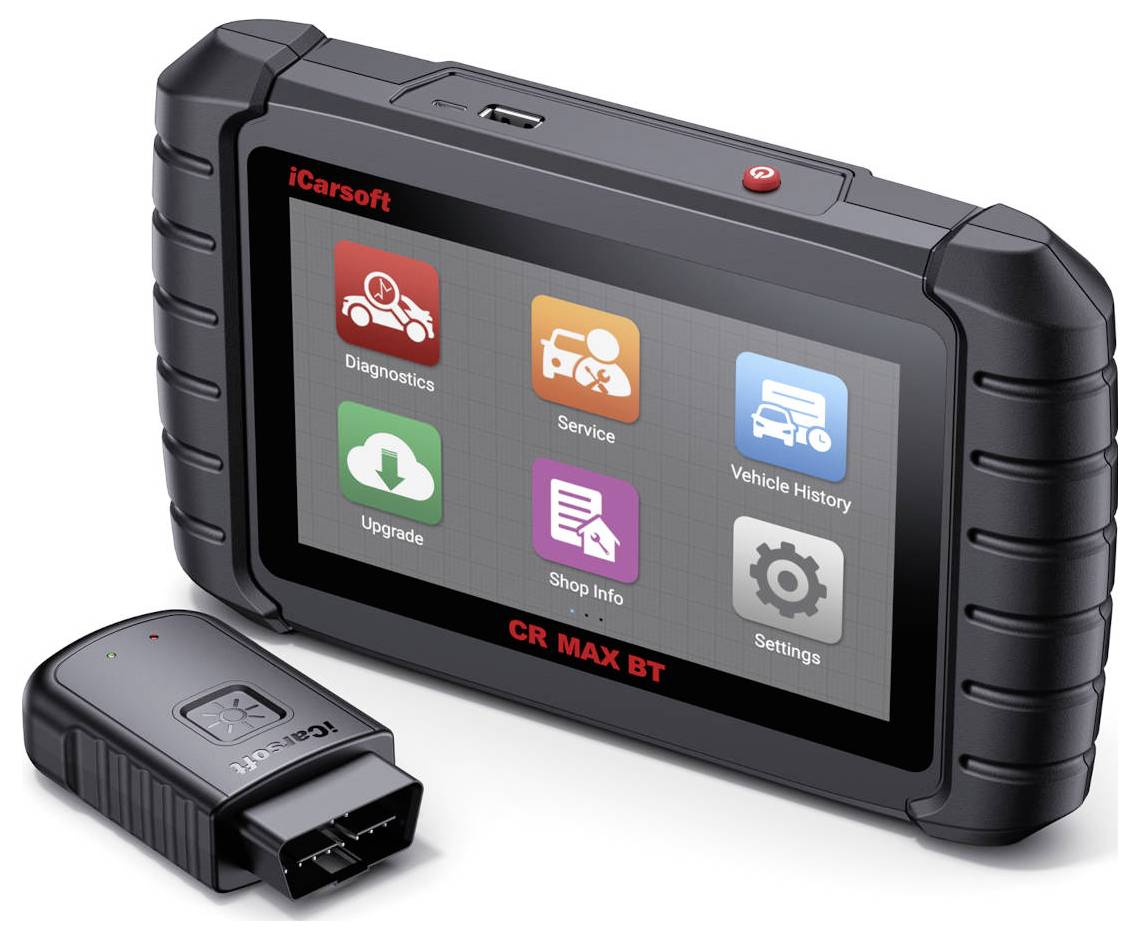 iCarsoft CR MAX BT automotive diagnostisch tablet met touchscreen met app-pictogrammen voor Diagnostiek, Service, Voertuiggeschiedenis, Upgrade, Winkelinfo en Instellingen; OBD-connector ernaast.