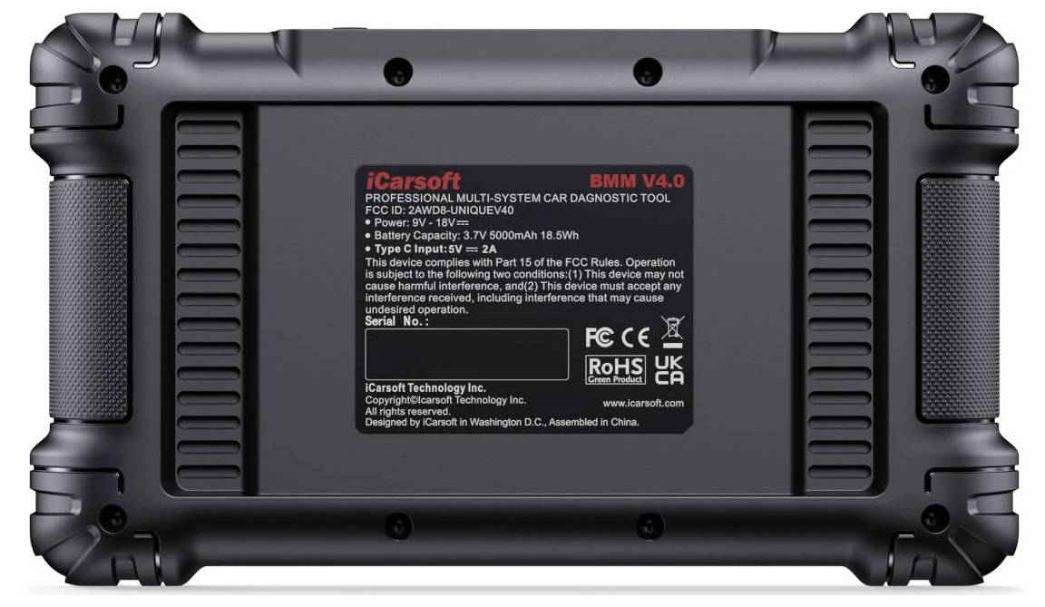 Achterkant van een robuuste iCarsoft BMW V4.0 professionele multi-systeem auto-diagnosetool met label en specificaties op een zwarte behuizing.