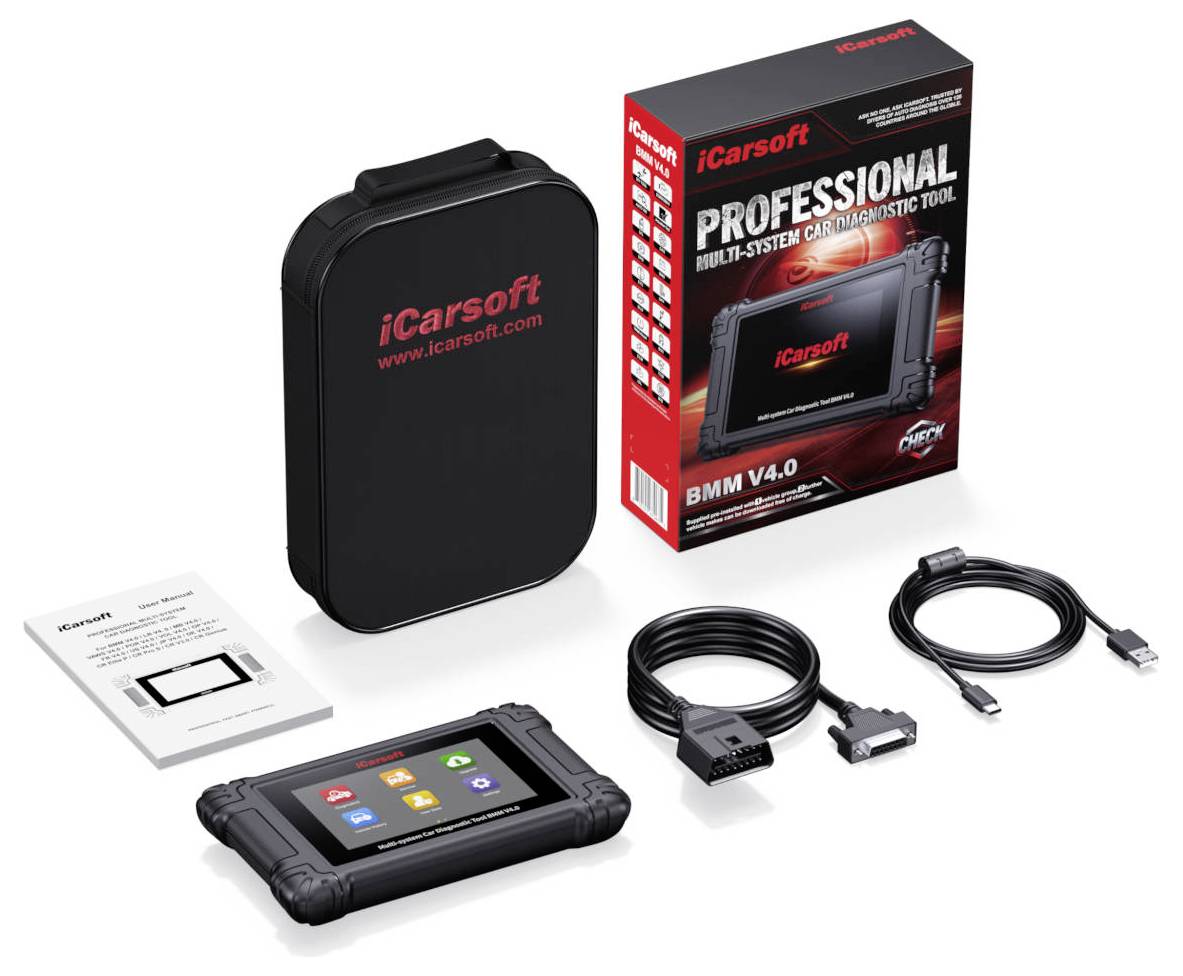 iCarsoft PROFESSIONAL BMM V4.0 automotive diagnostische gereedschappenset met draagbare scanner, draagtas, kabels, handleiding en retailverpakking weergegeven op een witte achtergrond
