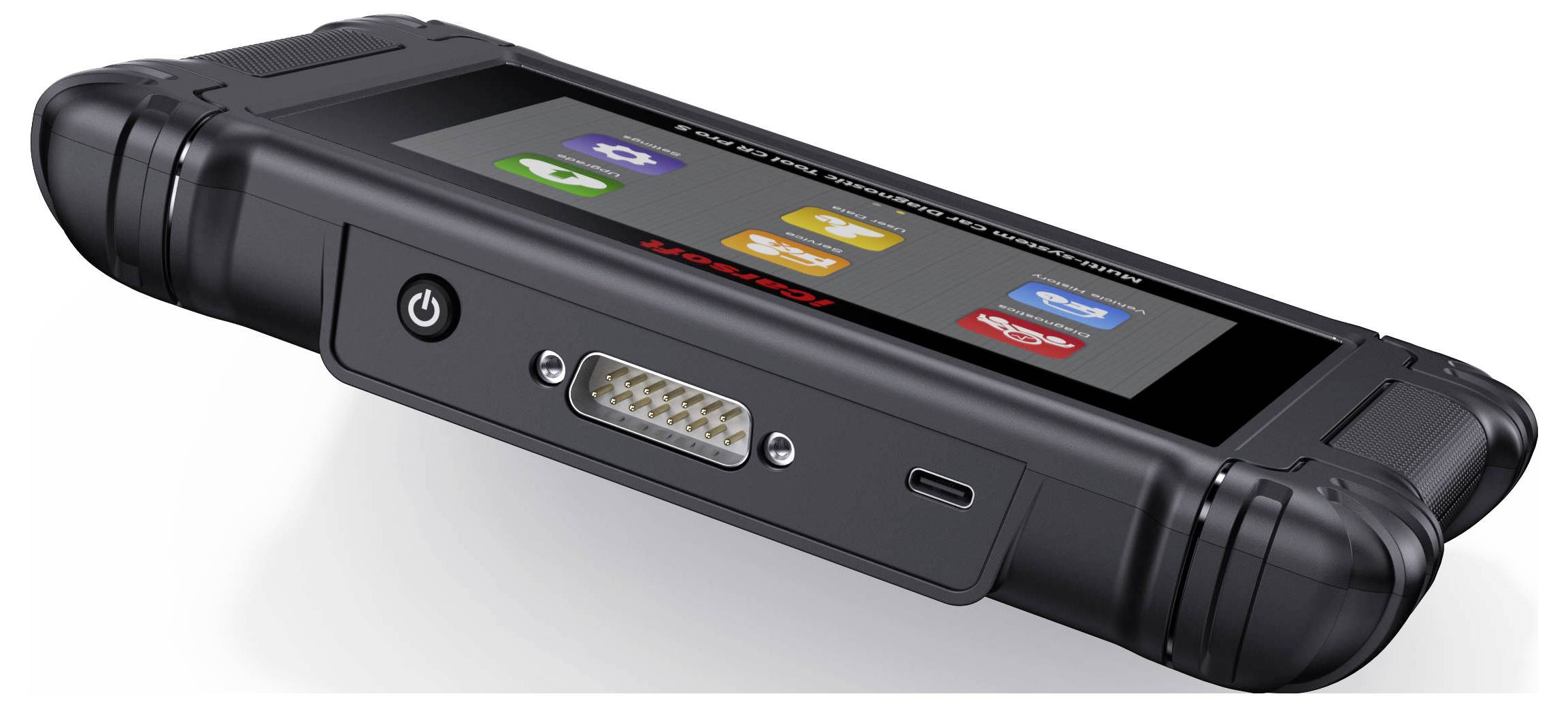 Robuuste draagbare elektronische apparaat met een touchscreen en zijdelingse aan/uit-knop, weergegeven in een zwart beschermend hoesje.