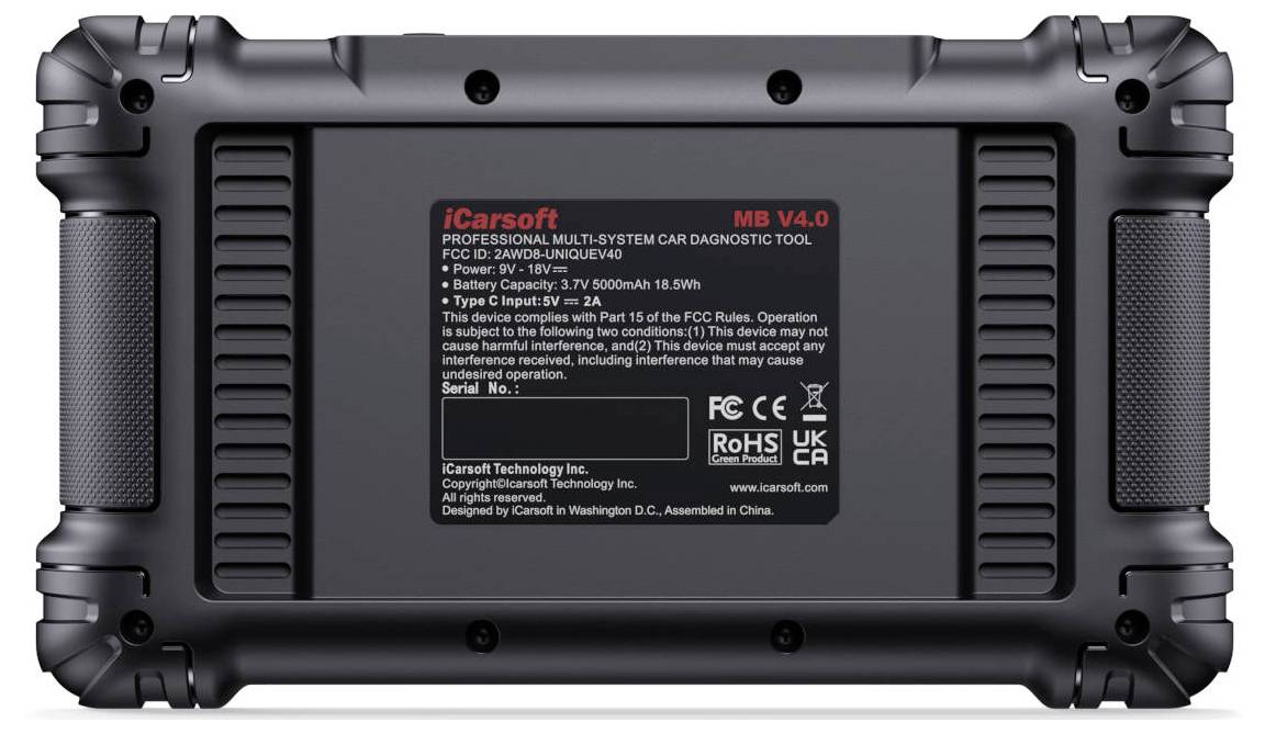 Achterkant van een robuuste iCarsoft MB V4.0 professionele multi-systeem auto-diagnostische tool met productlabel en specificaties.