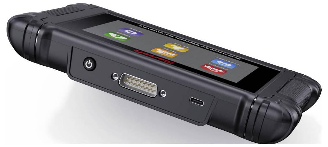 Robuust handgeheven industrieel apparaat met touchscreen en app-pictogrammen, aan/uit-knop, aansluitpoort en een vooraanzicht multi-pin-interface, weergegeven in perspectief.