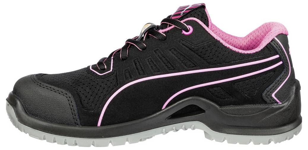 Zwart en roze atletische veiligheidsschoen met grijze profielzool, weergegeven in zijprofiel op een witte achtergrond.