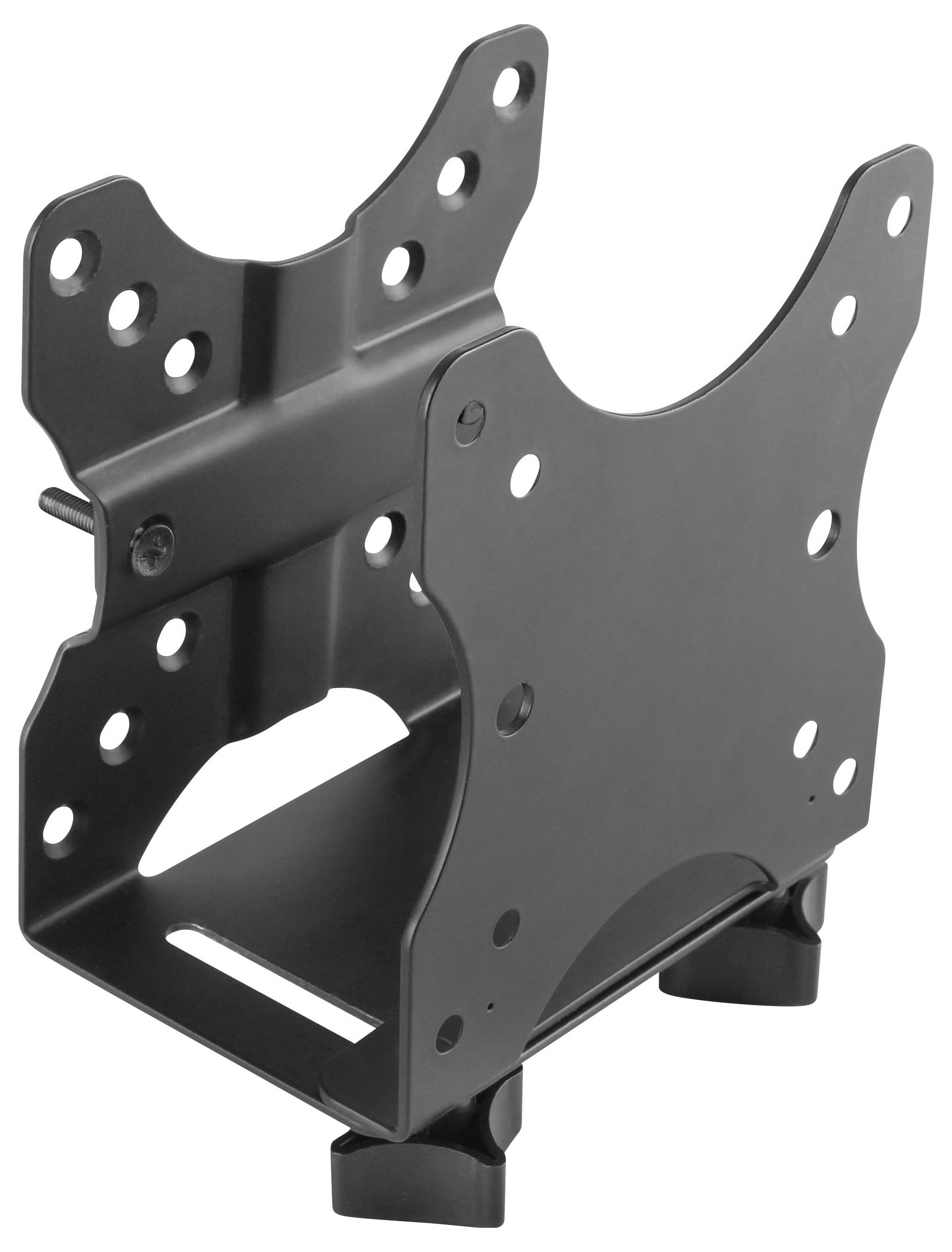 Zwarte metalen TV-wandbevestiging met verstelbare armen en meerdere schroefgaten voor het bevestigen van een platte schermweergave.