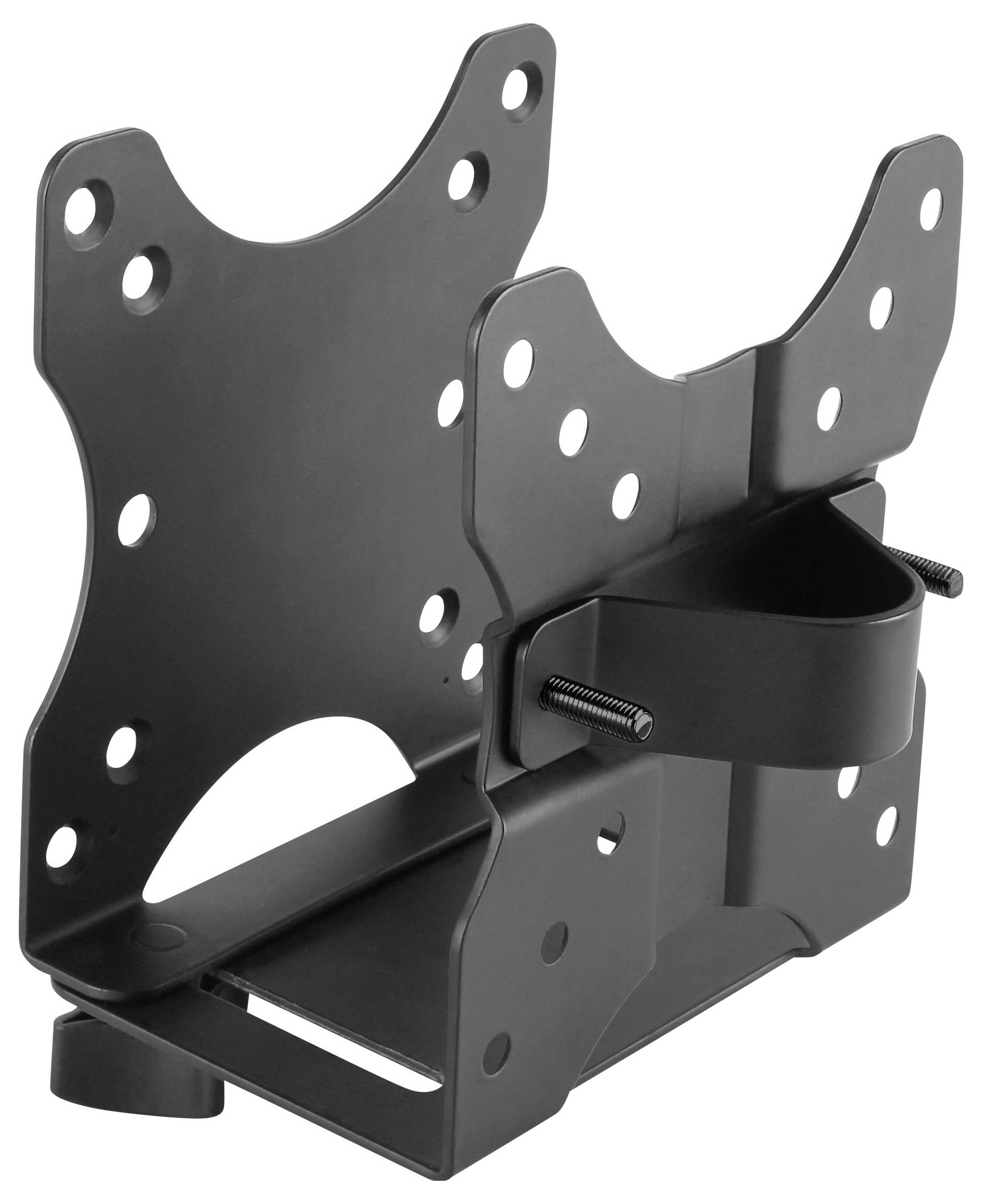 Zwarte verstelbare metalen wandmontagebeugel met meerdere schroefgaten en een klemachtige arm, weergegeven op een witte achtergrond.
