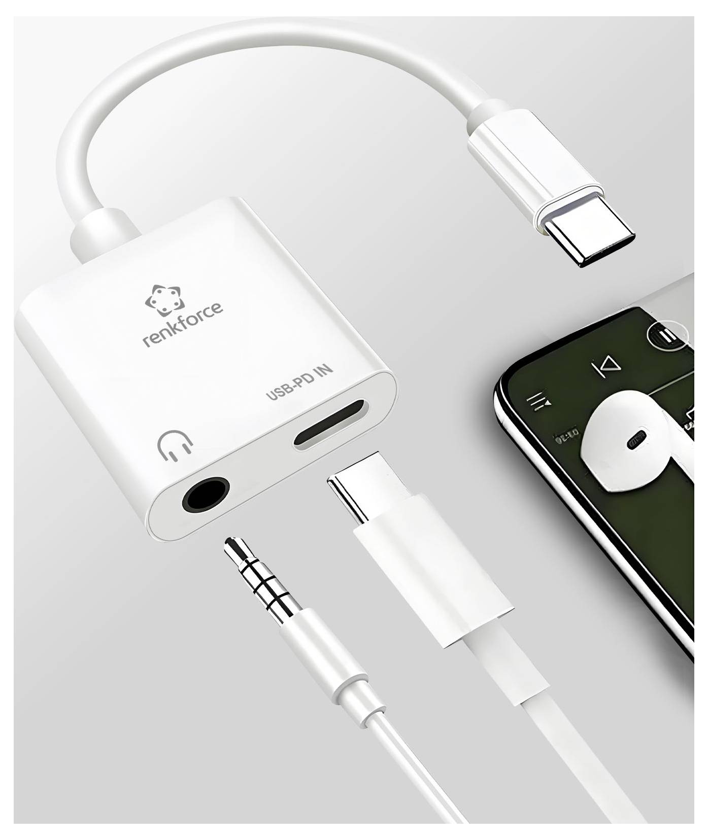 Witte USB-C audio-adapter met het label 'renkforce' met USB-PD-ingang, koptelefoonaansluiting en oplaadkabel aangesloten op een smartphone