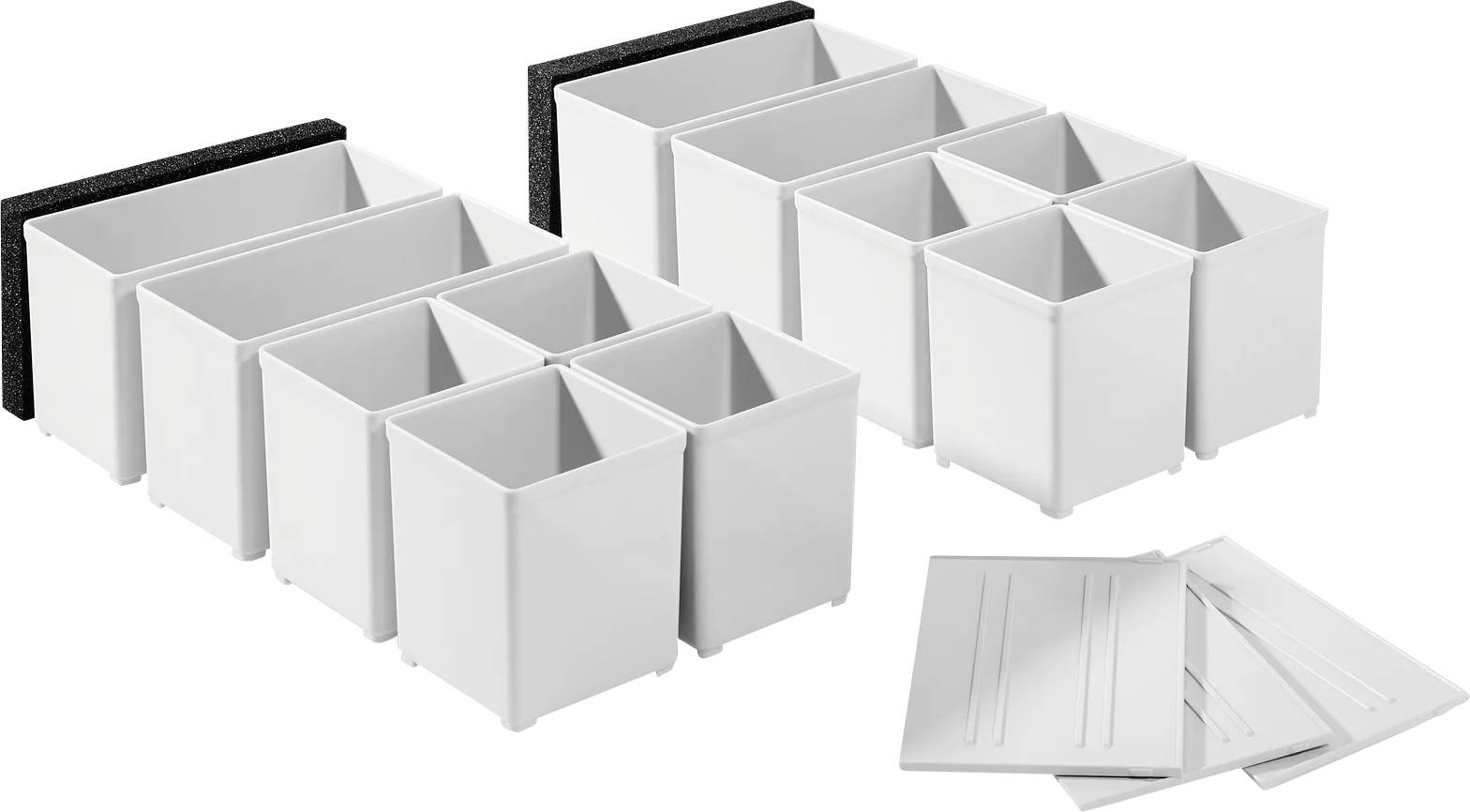 Witte modulaire ladekscheidingen en dienblad-inzetten gerangschikt in twee maten, met voorbeeldplatte stukken weergegeven in de rechterbenedenhoek.