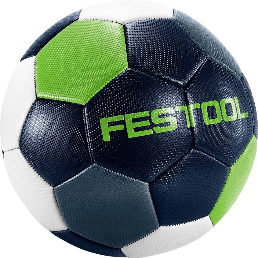 Zwart, wit en groen FESTOOL-gemarkeerde voetbal op een witte achtergrond.