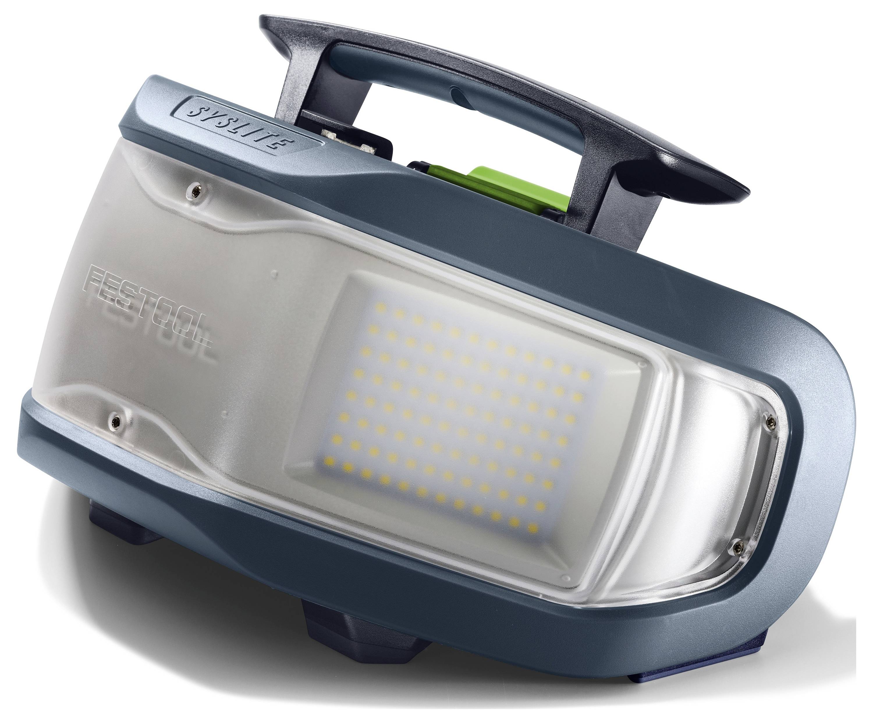 Draagbare blauw-grijze werklamp met draaggreep en ingebouwd LED-paneel, weergegeven in driekwartaanzicht op een witte achtergrond.