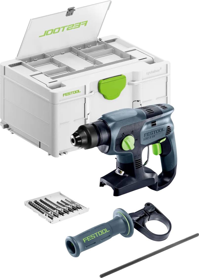 Festool accuboormachine set met opbergkoffer, boor-/schroefmachine, bitset, zijhandvat en dieptestok op een witte achtergrond.