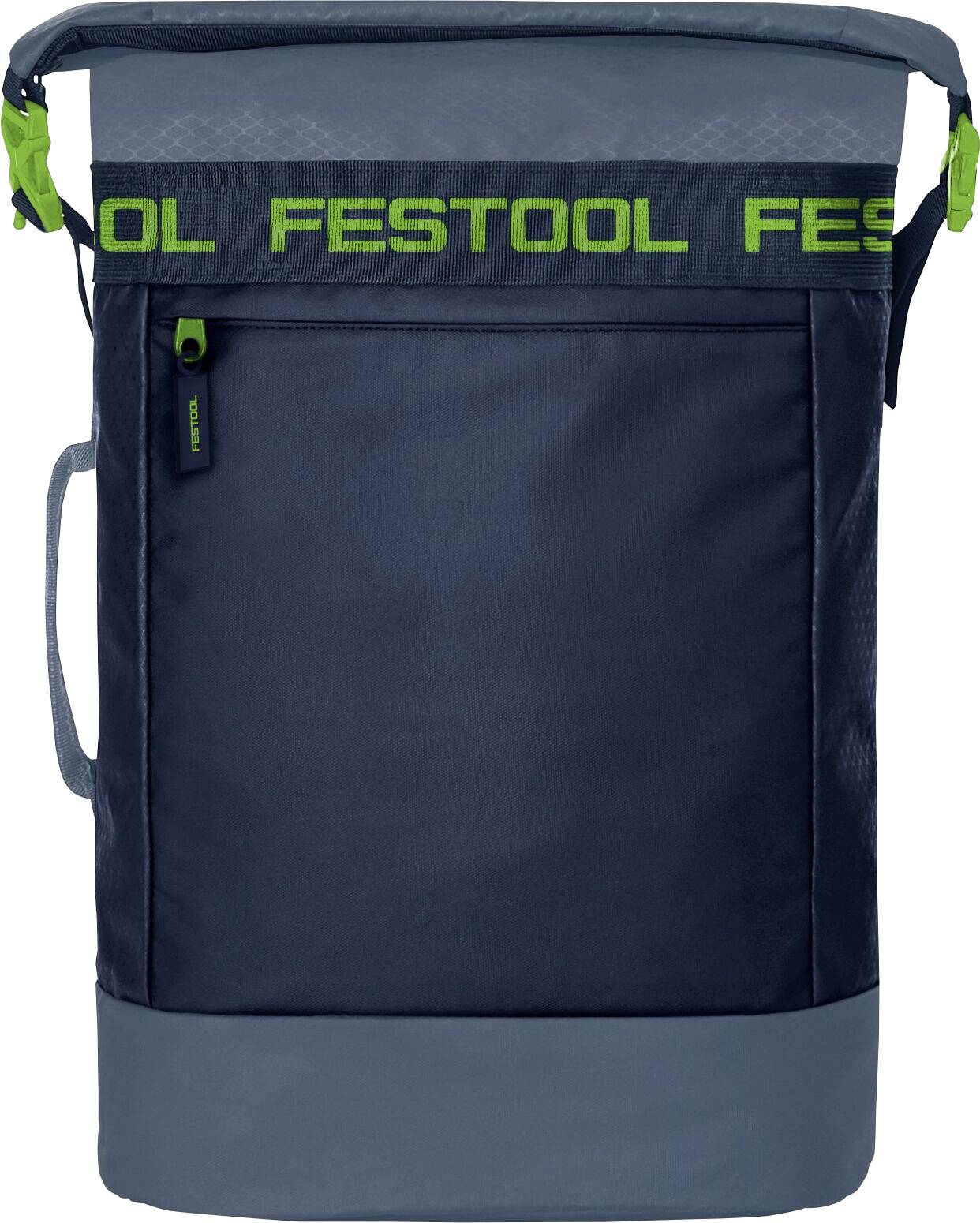 Donkerblauwe Festool-draagtas met groen logo-band, voorzak met rits, zijgreep en gevoerde bovensluitingklep.