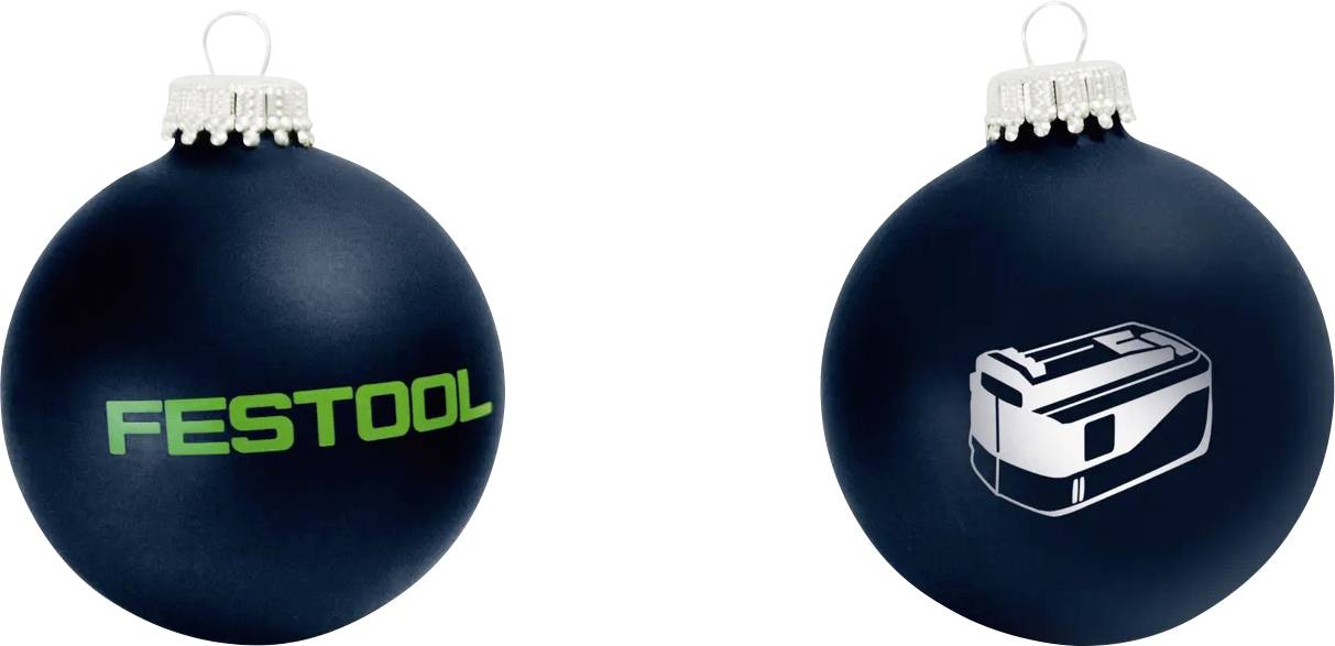 Twee donkerblauwe kerstballen met witte doppen, waarvan één bedrukt met groene 'FESTOOL'-tekst en de ander met een wit gereedschapskistpictogram.