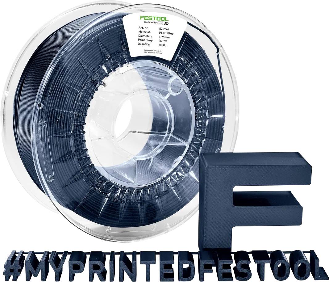 Spoel met donkerblauw 3D-printerfilament met een Festool-gebrandmerkt label, plus een groot bijpassend blauw 3D-geprint 'F' en '#MIJNGEPRINTE FESTOOL' tekst.