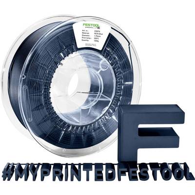 Spoel met donkerblauw 3D-printerfilament met een Festool-gebrandmerkt label, plus een groot bijpassend blauw 3D-geprint 'F' en '#MIJNGEPRINTE FESTOOL' tekst.