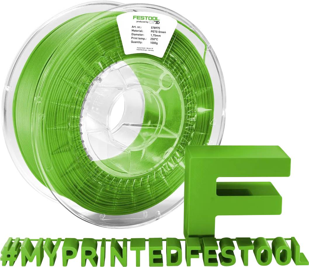 Groen FESTOOL 3D-printfilament spoeltje met bijpassend 3D-geprinte 'F' en hashtag '#MYPRINTEDFESTOOL' op een witte achtergrond.