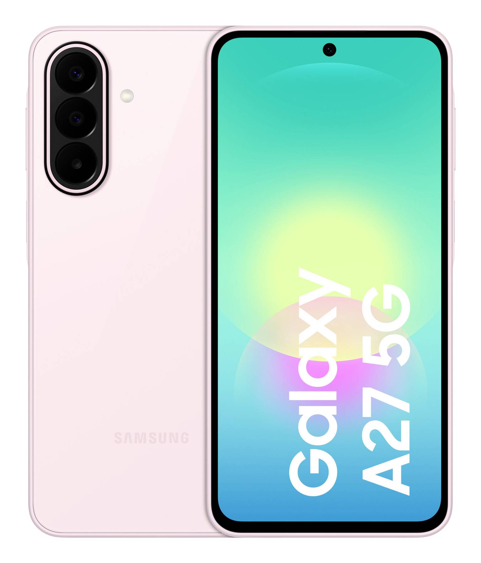 Roze Samsung Galaxy A27 5G-smartphone weergegeven van voor en achter, met drievoudige camera's aan de achterkant en het scherm toont 'Galaxy A27 5G'.