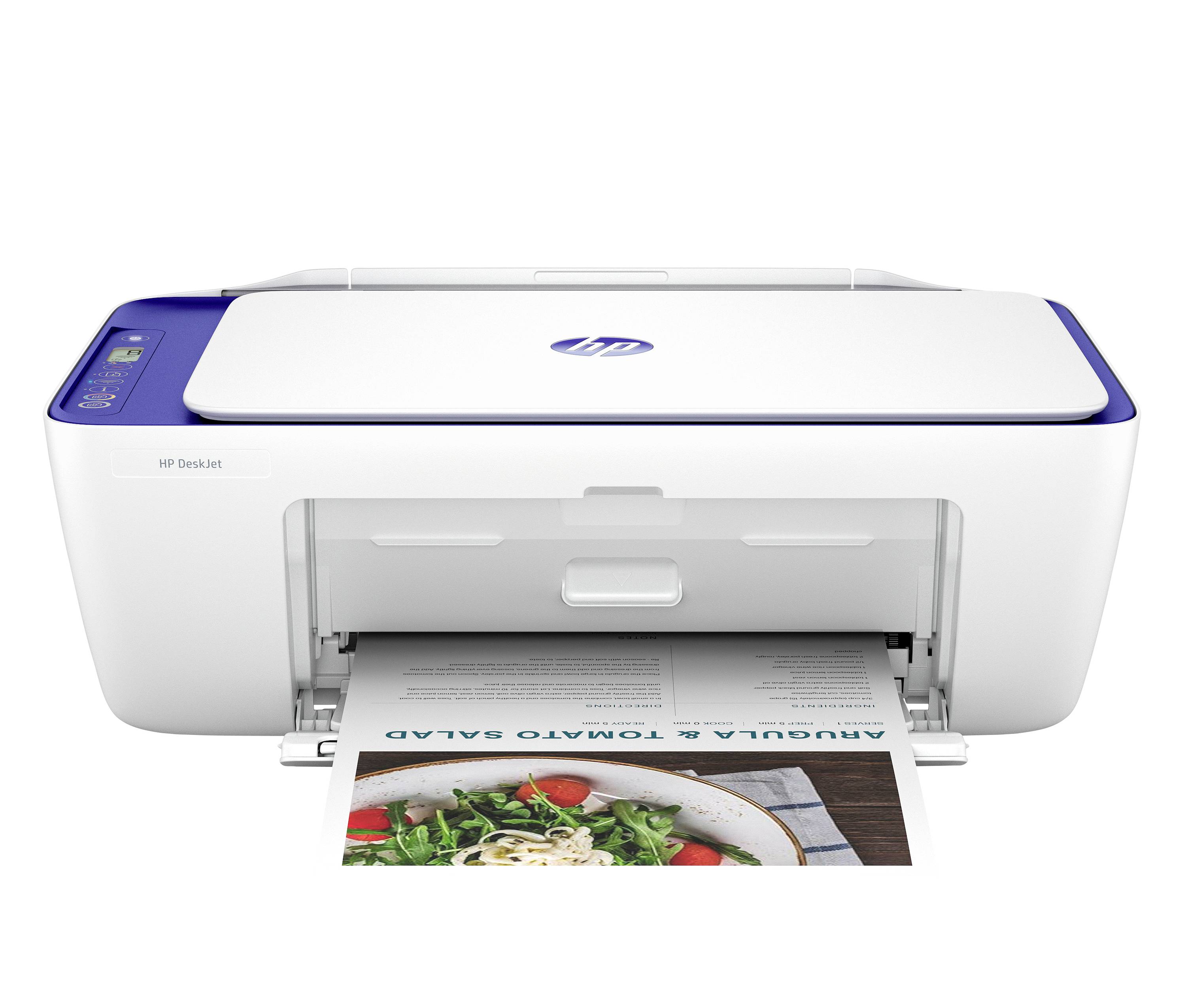 Vooraanzicht van een HP DeskJet printer die een kleurenfotopagina afdrukt met eten en de tekst 'AQUA TO MATO SALAD'.