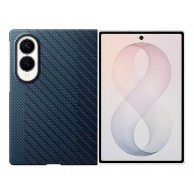 Tablet weergegeven voor- en achterkant met blauwe getextureerde hoes; voorkant scherm toont een grote pastelkleurige '8' op een lichte achtergrond.