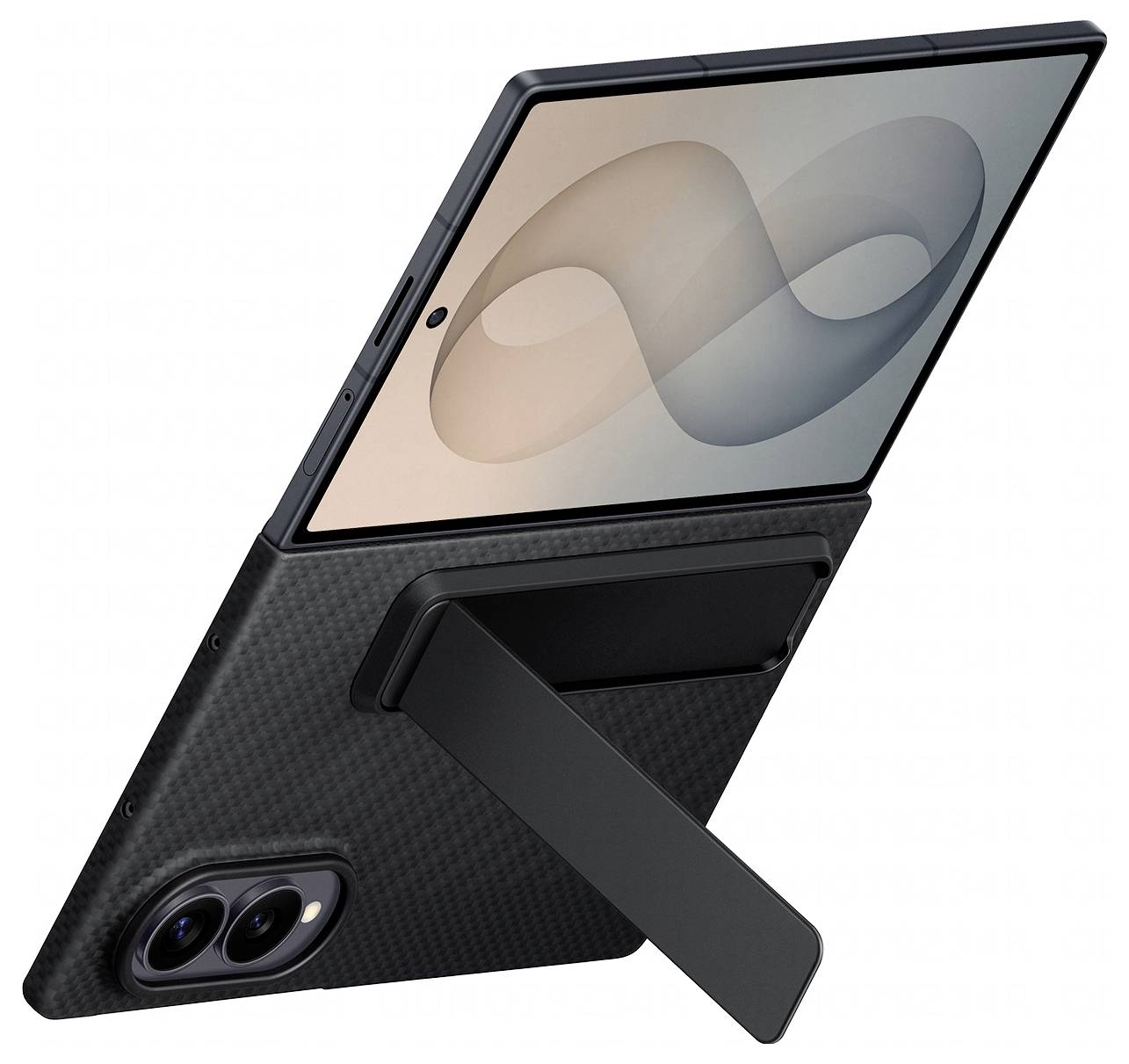Een tablet in een zwarte gestructureerde beschermhoes met geïntegreerde standaard, weergegeven onder een hoek geopend om het scherm te ondersteunen.